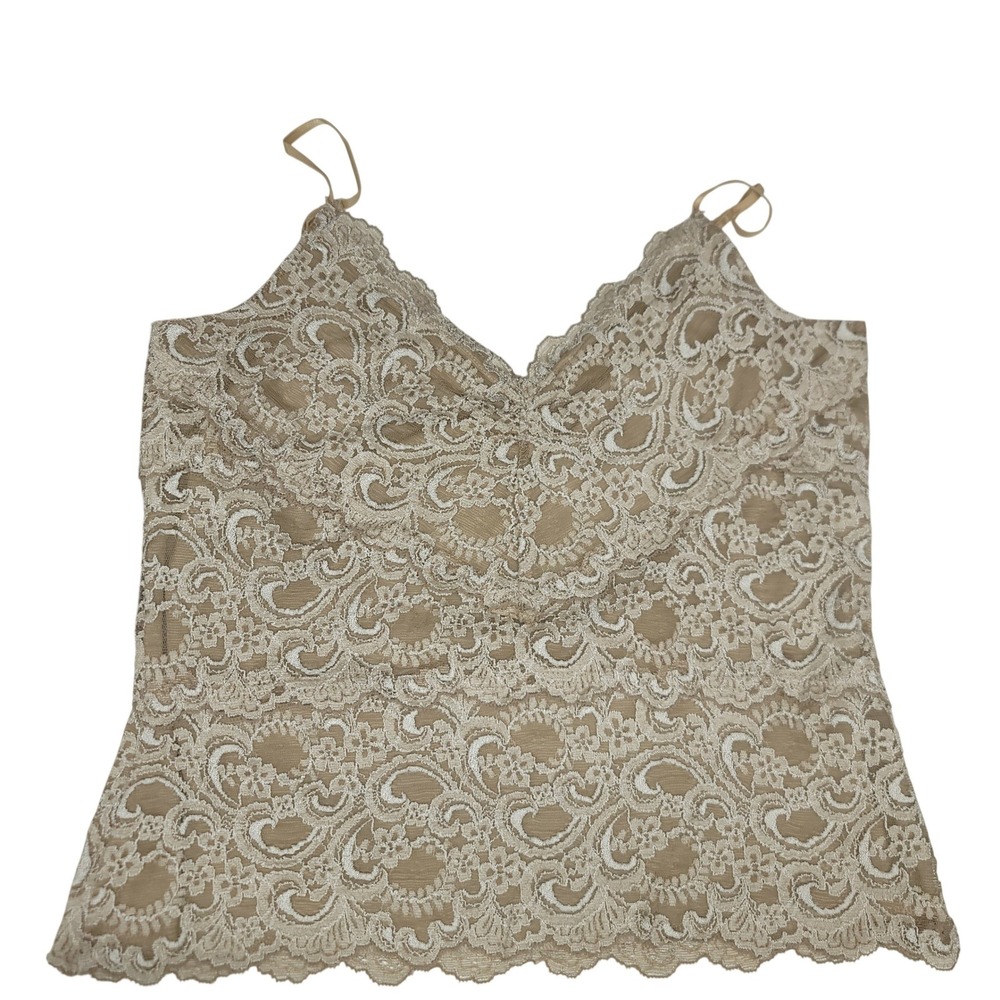Floral Lace V-Neck Camisole‎ Tank Top Beige Scalloped Hem Adjustable Straps